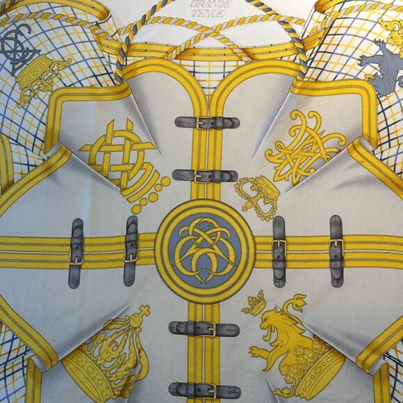 Vintage Hermes Grande Tenue Silk Scarf Blues and Golden Yellow - Picture 7 of 13